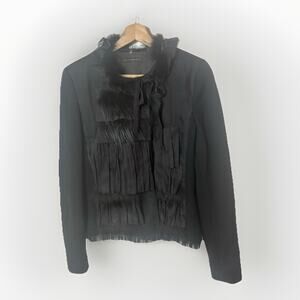 Elie Tahari Blazer Wool Black Fox Fur Silk Office Dark Academia Classy Jacket Lg